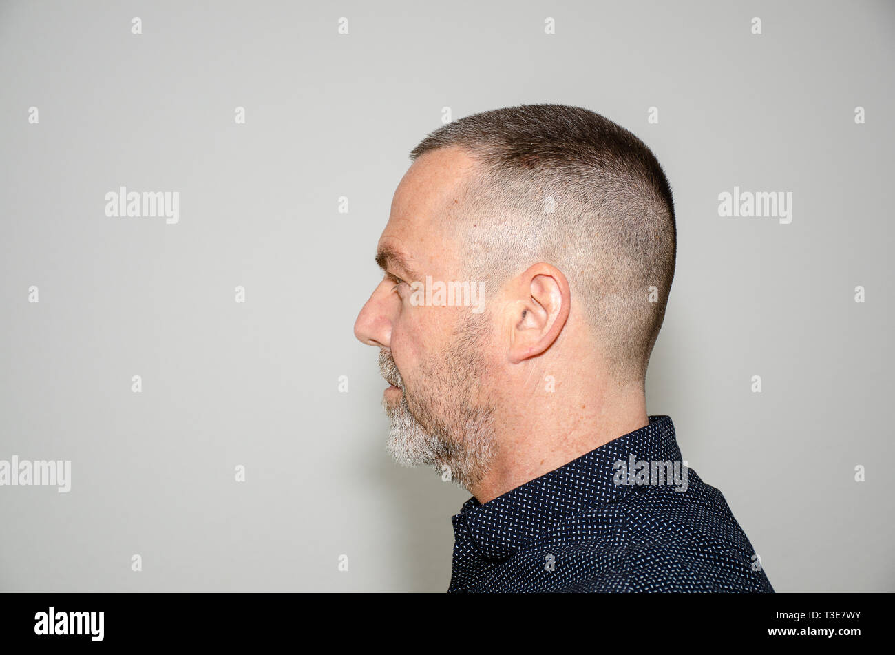 Ritratto di profilo di un barbuto uomo di mezza età in elegante maglietta scura con breve taglio di capelli moderno guardando al lato sinistro Foto Stock