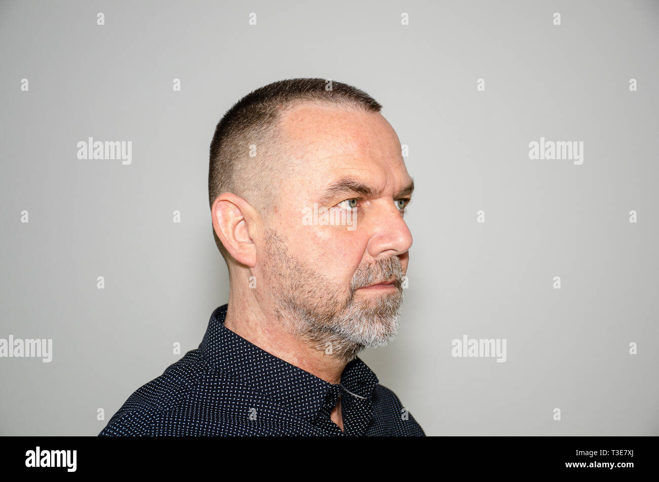 Ritratto di profilo di un barbuto uomo di mezza età in elegante maglietta scura con breve taglio di capelli moderno cercando di destra Foto Stock