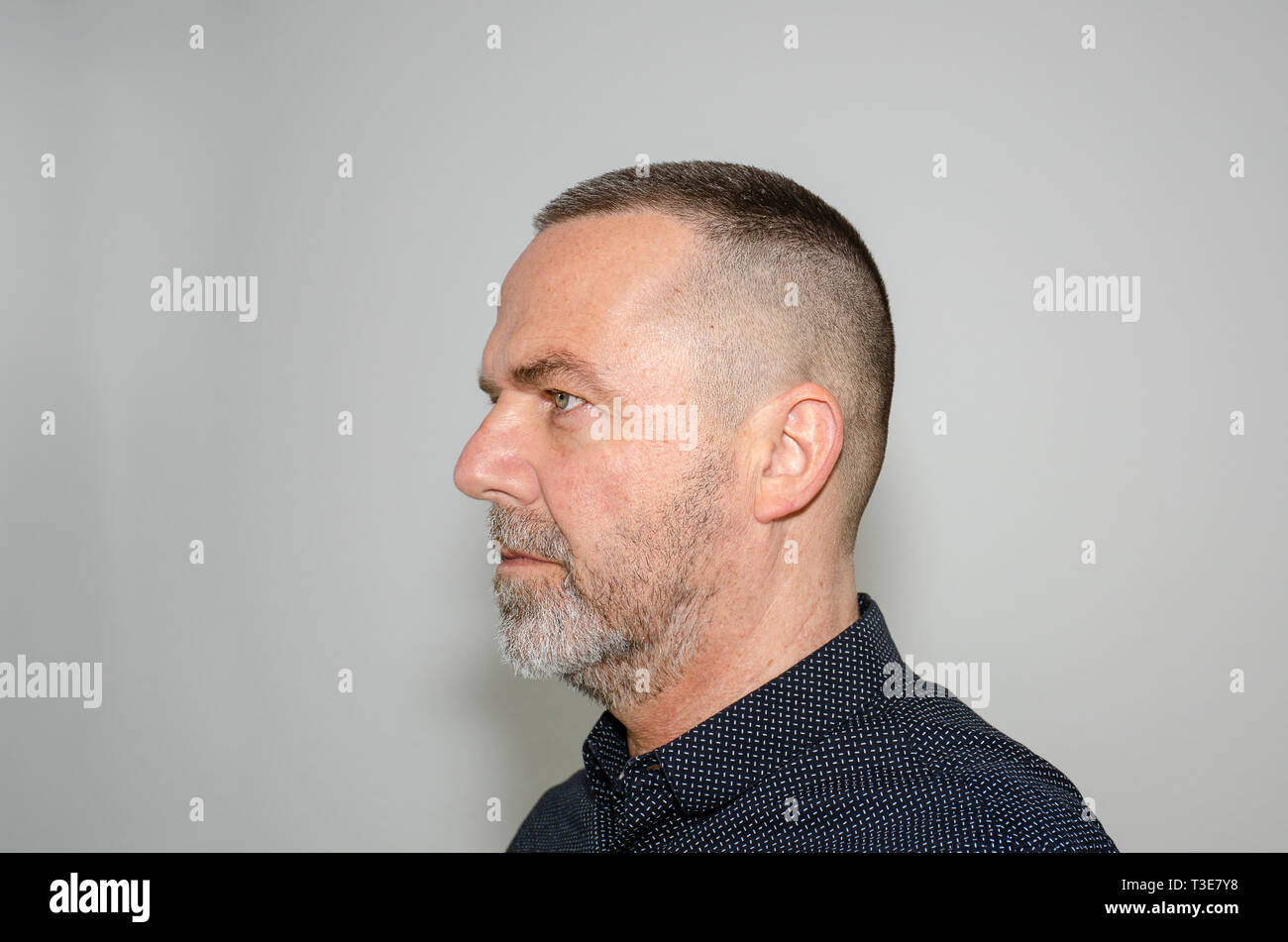 Ritratto di profilo di un barbuto uomo di mezza età in elegante maglietta scura con breve taglio di capelli moderno che guarda a sinistra Foto Stock