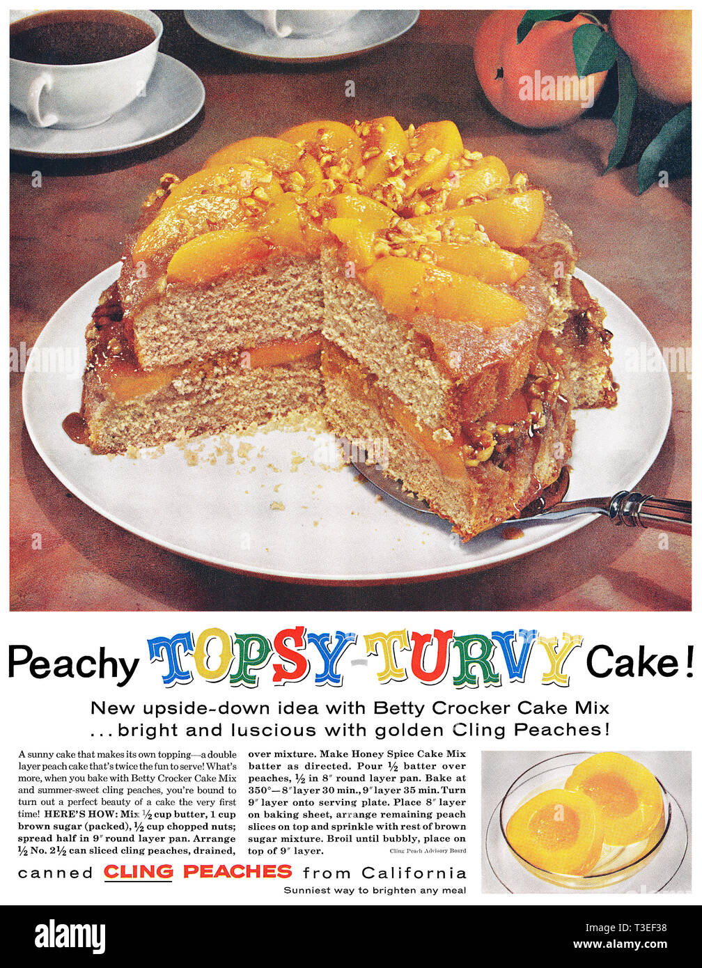 1959 pubblicità per un Topsy Turvy torta fatta da Betty Crocker cake mix. Foto Stock