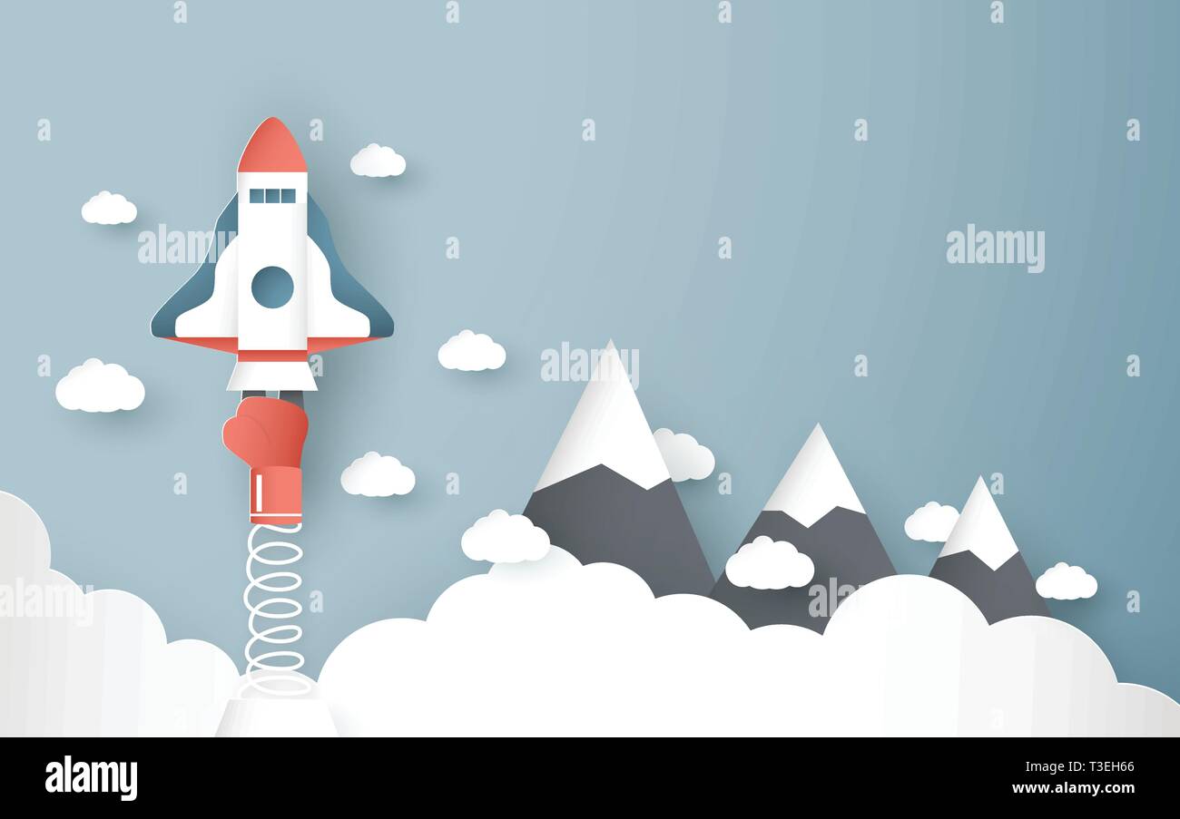 Illustrazione Vettoriale con start up concetto in carta tagliata, artigianale e stile origami. Rocket è volare sul cielo blu. Modello di progettazione per il web banner, poster, Illustrazione Vettoriale