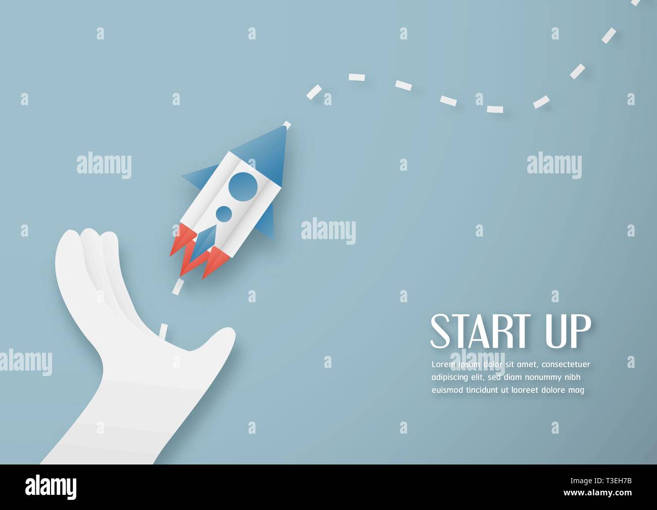 Illustrazione Vettoriale con start up concetto in carta tagliata, artigianale e stile origami. Rocket è volare sul cielo blu. Modello di progettazione per il web banner, poster, Illustrazione Vettoriale