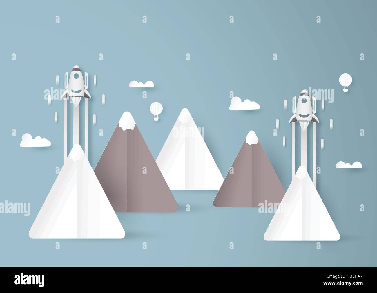 Illustrazione Vettoriale con start up concetto in carta tagliata, artigianale e stile origami. Rocket è volare sul cielo blu. Modello di progettazione per il web banner, poster, Illustrazione Vettoriale