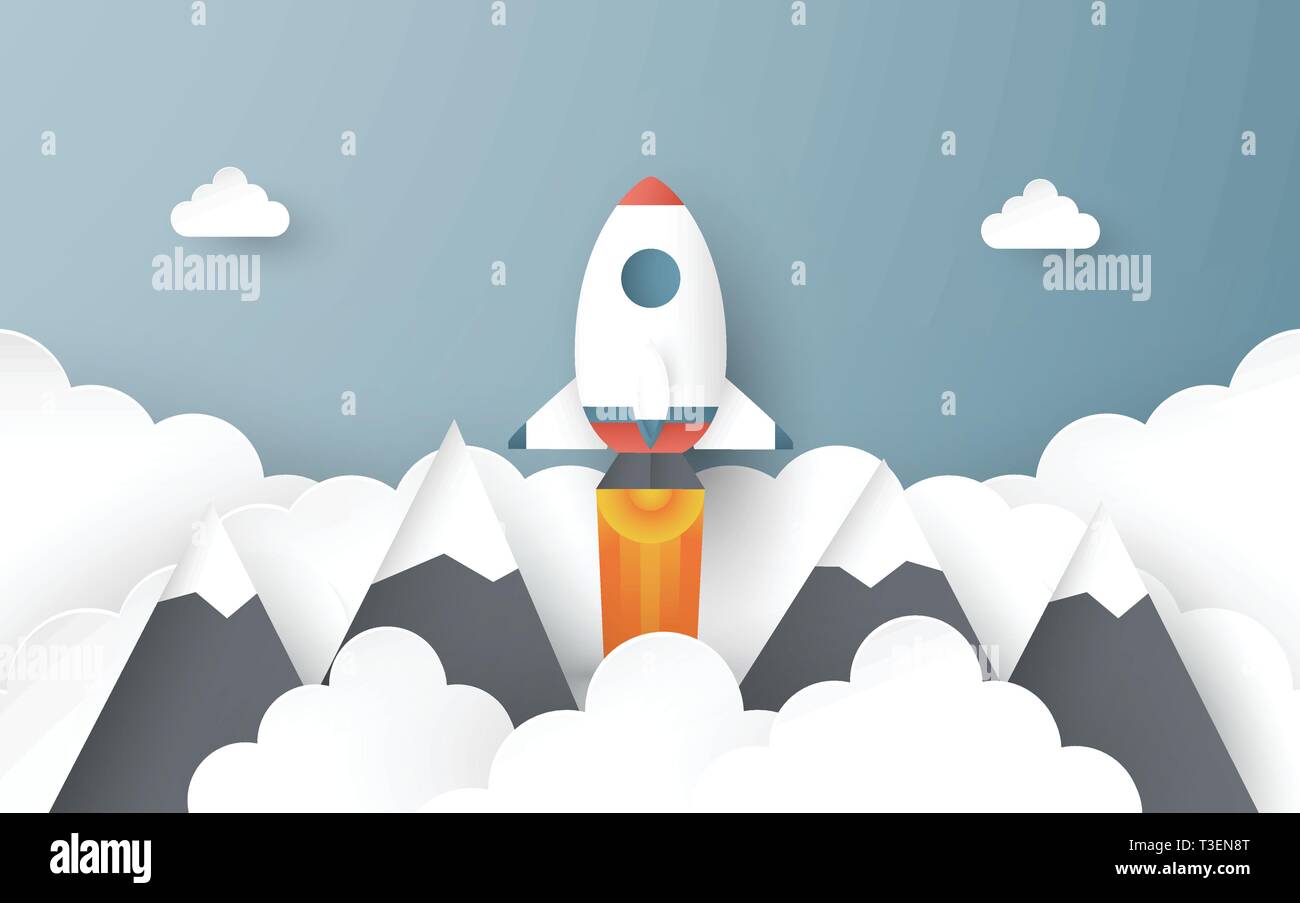 Illustrazione Vettoriale con start up concetto in carta tagliata, artigianale e stile origami. Rocket è volare sul cielo blu. Modello di progettazione per il web banner, poster, Illustrazione Vettoriale