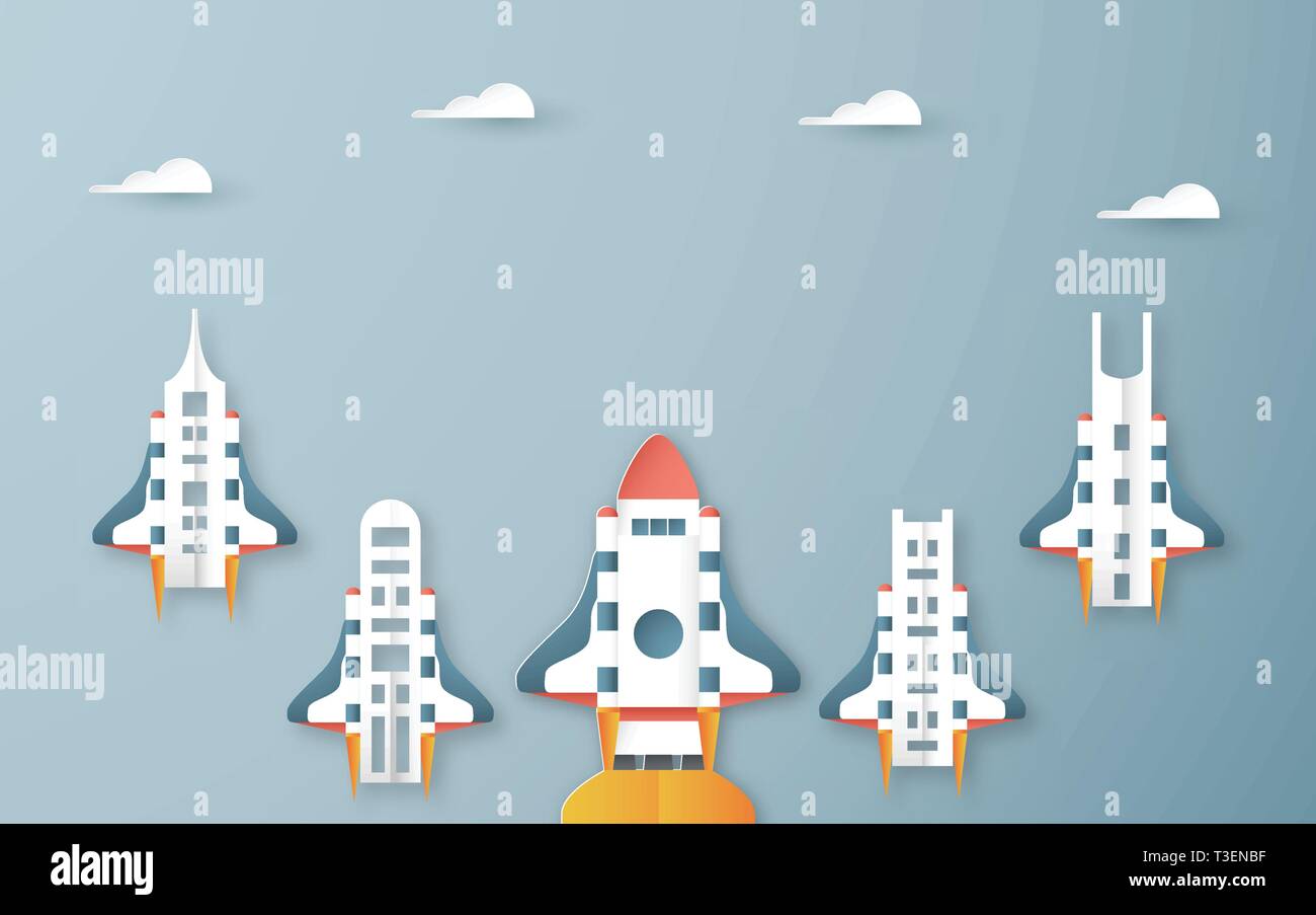 Illustrazione Vettoriale con start up concetto in carta tagliata, artigianale e stile origami. Rocket è volare sul cielo blu. Modello di progettazione per il web banner, poster, Illustrazione Vettoriale