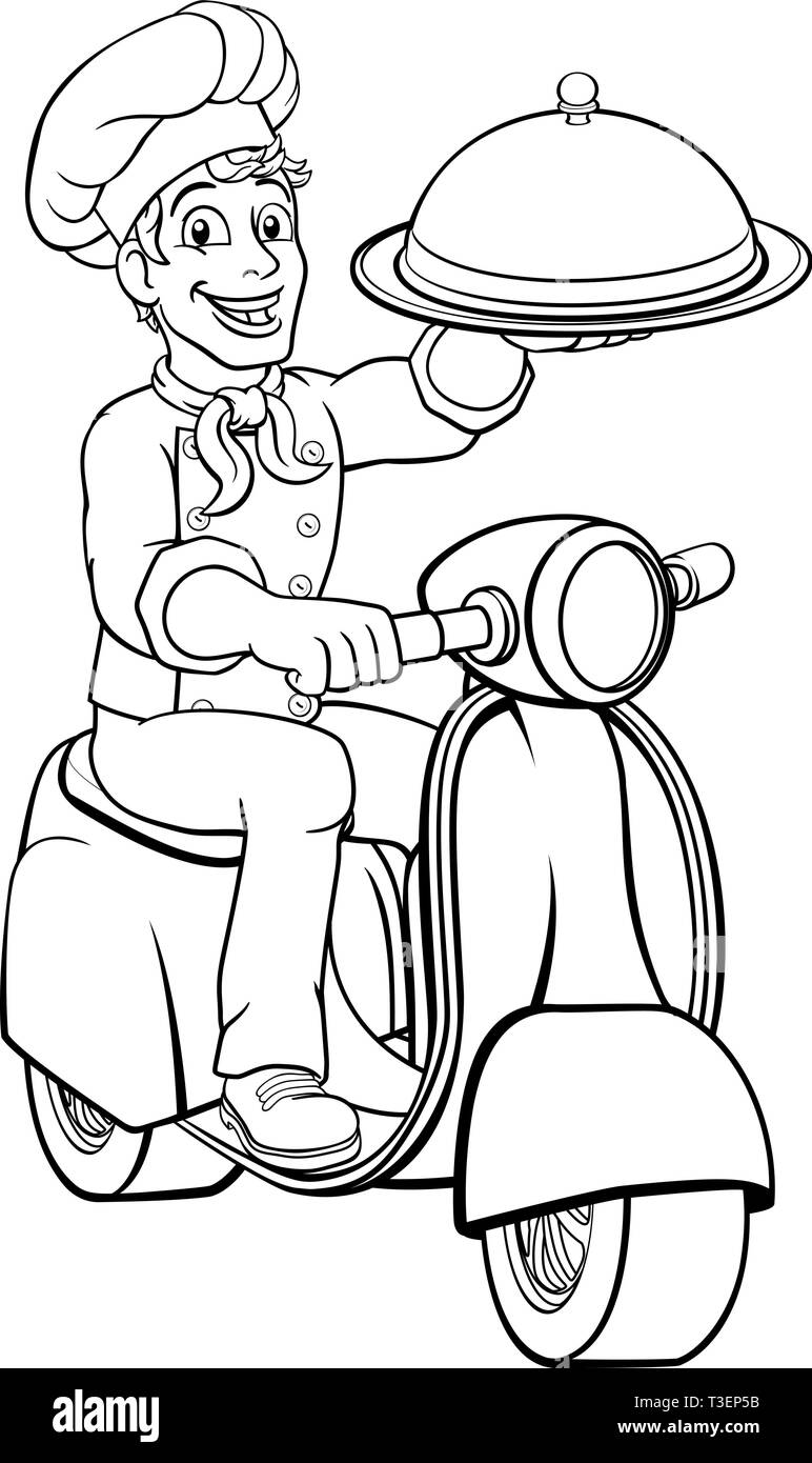 Lo Chef consegna Scooter ciclomotore asporto Cartoon uomo Illustrazione Vettoriale