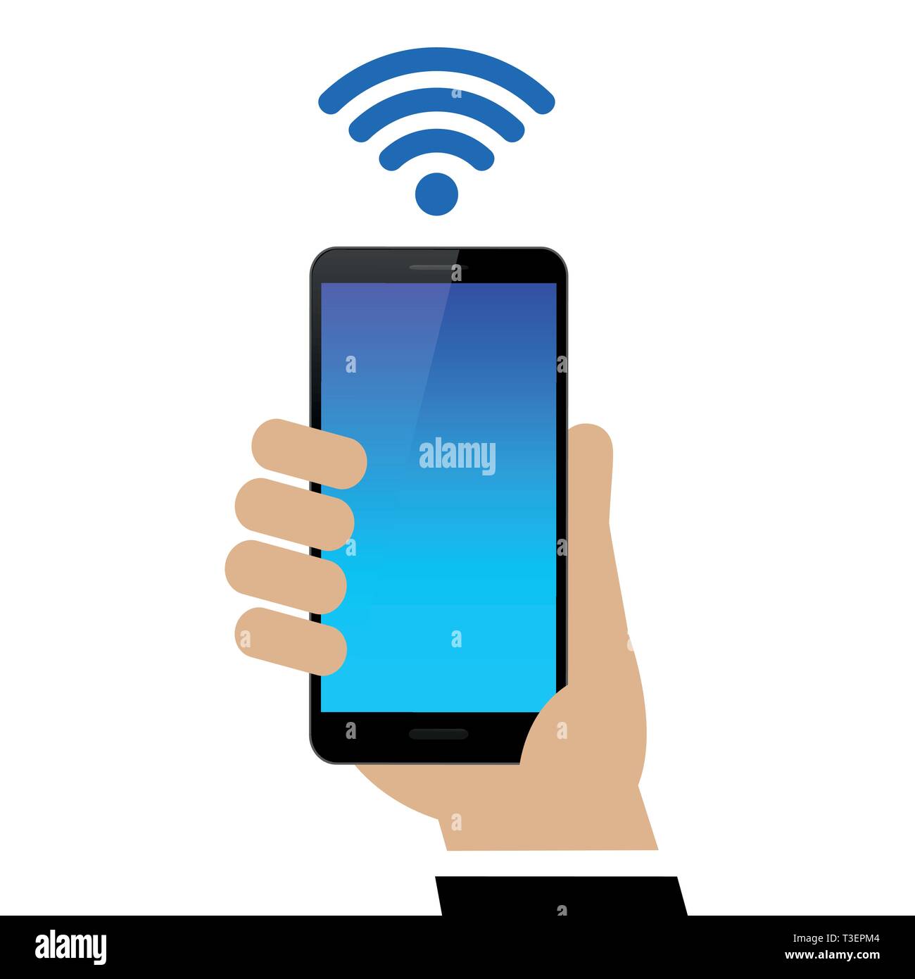 Mano maschio è in possesso di un nero smartphone con wi-fi simbolo isolato su sfondo bianco illustrazione vettoriale EPS10 Illustrazione Vettoriale