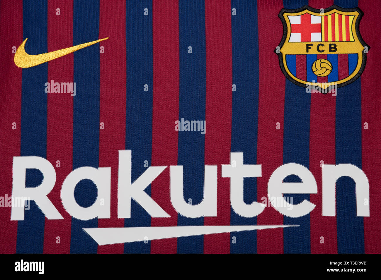Close up di Barcellona x Nike 2018/19 Jersey. Foto Stock