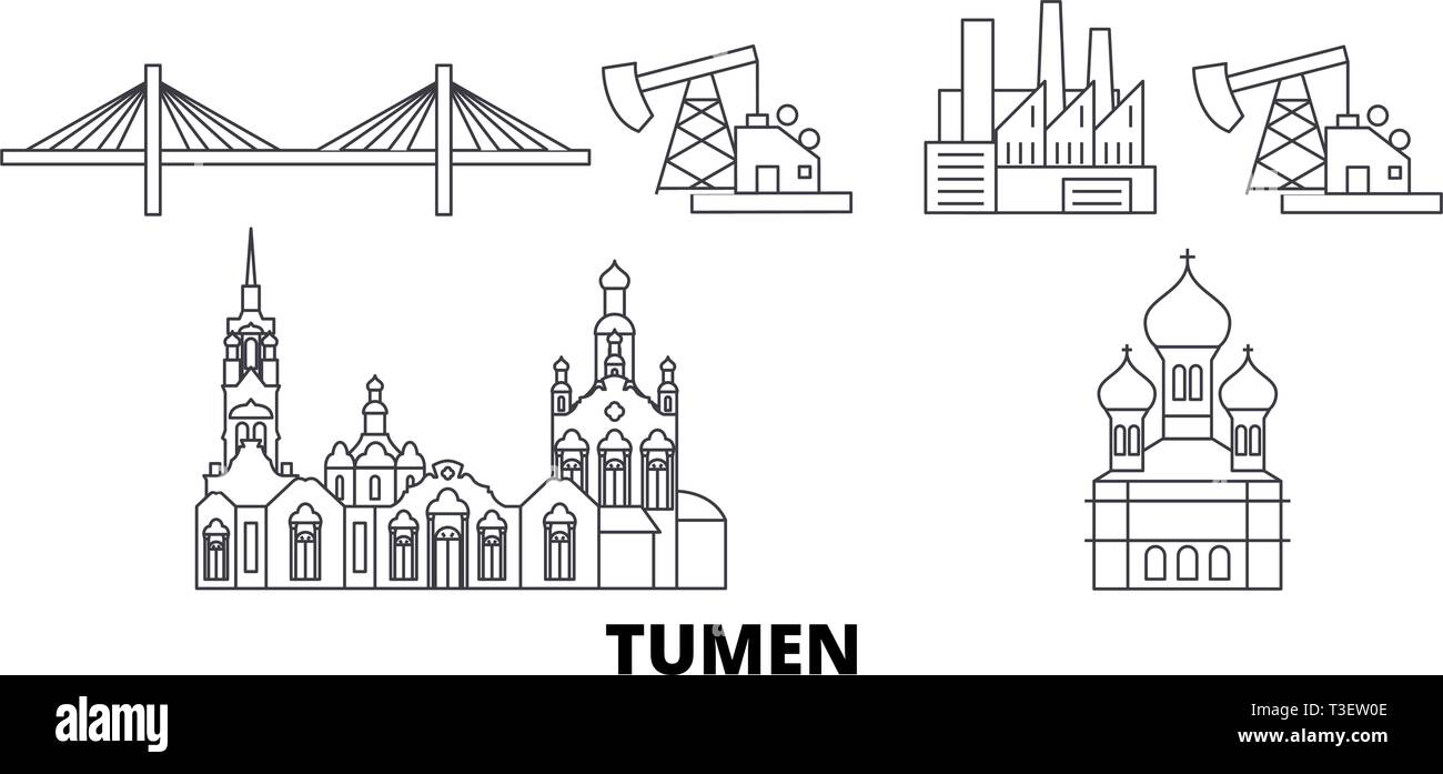 Russia, Tumen linea skyline di viaggio set. Russia, Tumen delineare city illustrazione vettoriale, simbolo, siti di viaggi, punti di riferimento. Illustrazione Vettoriale