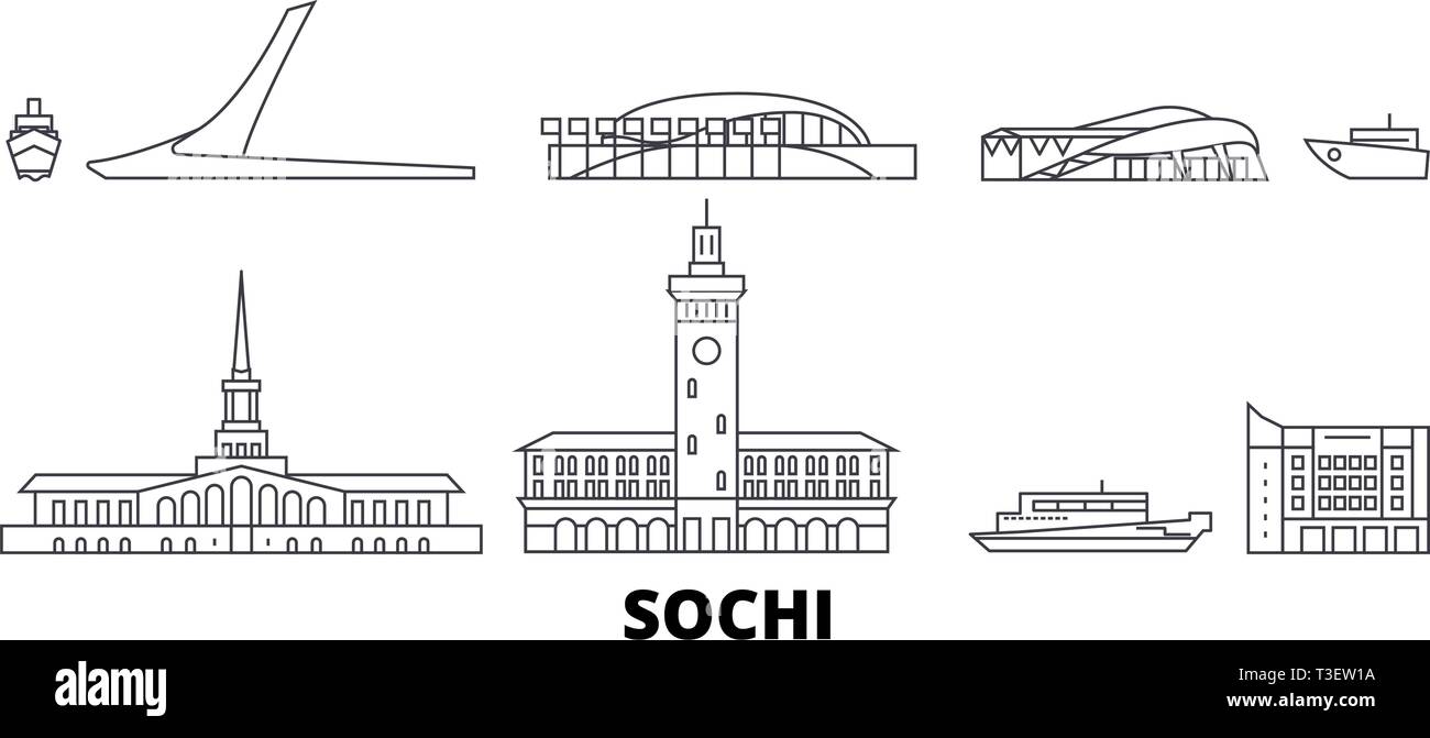 Russia, Sochi linea skyline di viaggio set. Russia, Sochi città outline illustrazione vettoriale, simbolo, siti di viaggi, punti di riferimento. Illustrazione Vettoriale