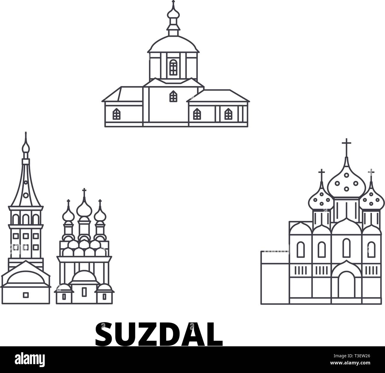 Russia, Suzdal linea skyline di viaggio set. Russia, Suzdal città outline illustrazione vettoriale, simbolo, siti di viaggi, punti di riferimento. Illustrazione Vettoriale