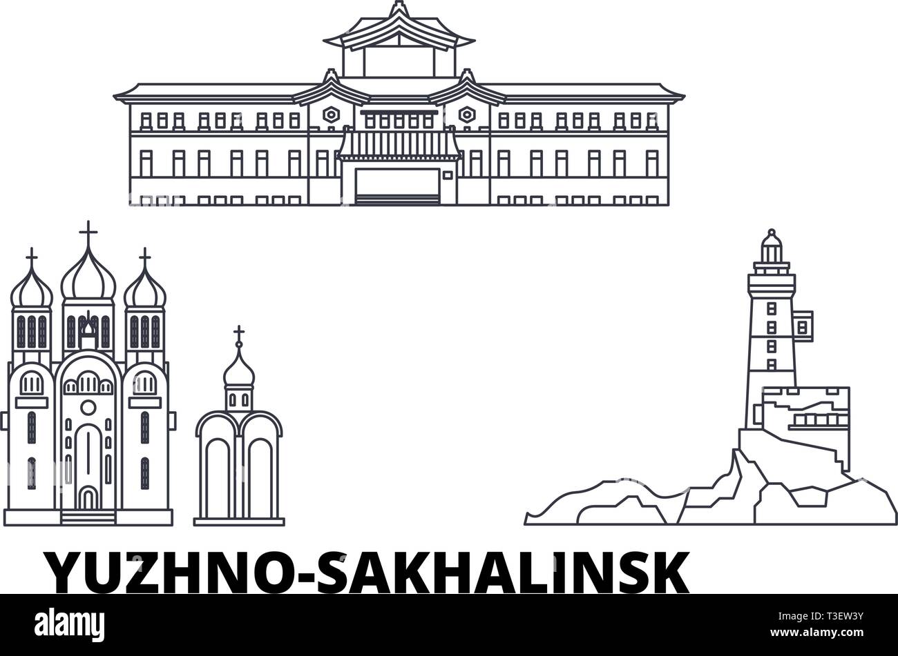 Russia, Yuzhno Sakhalinsk linea skyline di viaggio set. Russia, Yuzhno Sakhalinsk città outline illustrazione vettoriale, simbolo, siti di viaggi, punti di riferimento. Illustrazione Vettoriale