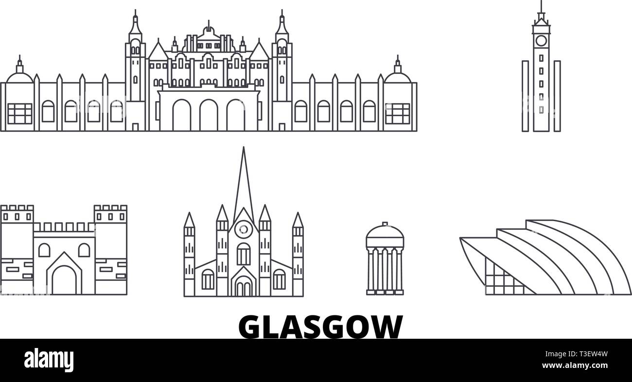 La Scozia, Glasgow City line travel skyline set. La Scozia, Glasgow City città outline illustrazione vettoriale, simbolo, siti di viaggi, punti di riferimento. Illustrazione Vettoriale