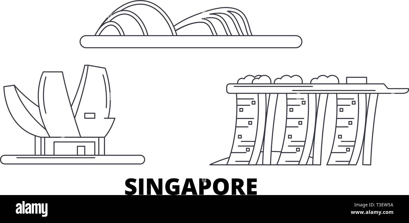 Linea di Singapore skyline di viaggio set. Profilo di Singapore città illustrazione vettoriale, simbolo, siti di viaggi, punti di riferimento. Illustrazione Vettoriale