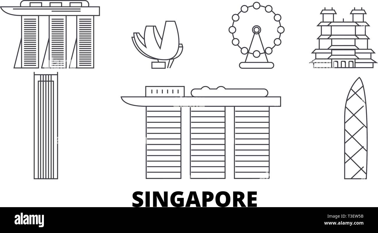 Singapore City line travel skyline set. La città di Singapore città outline illustrazione vettoriale, simbolo, siti di viaggi, punti di riferimento. Illustrazione Vettoriale