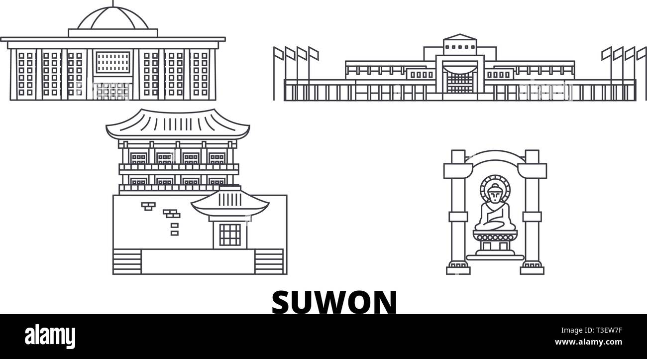 Corea del Sud, Suwon linea skyline di viaggio set. Corea del Sud, contorno di Suwon City illustrazione vettoriale, simbolo, siti di viaggi, punti di riferimento. Illustrazione Vettoriale