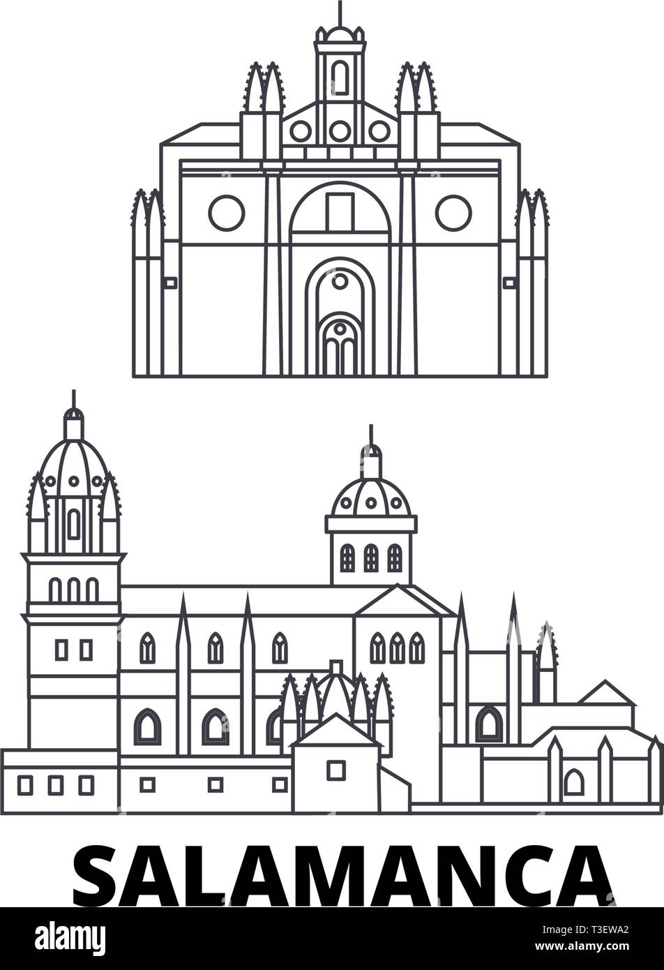 Spagna Salamanca linea skyline di viaggio set. Spagna Salamanca Città outline illustrazione vettoriale, simbolo, siti di viaggi, punti di riferimento. Illustrazione Vettoriale