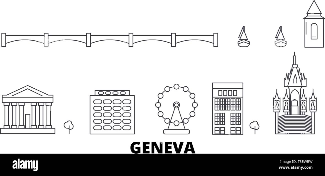 La Svizzera, Ginevra linea skyline di viaggio set. Svizzera Ginevra città outline illustrazione vettoriale, simbolo, siti di viaggi, punti di riferimento. Illustrazione Vettoriale