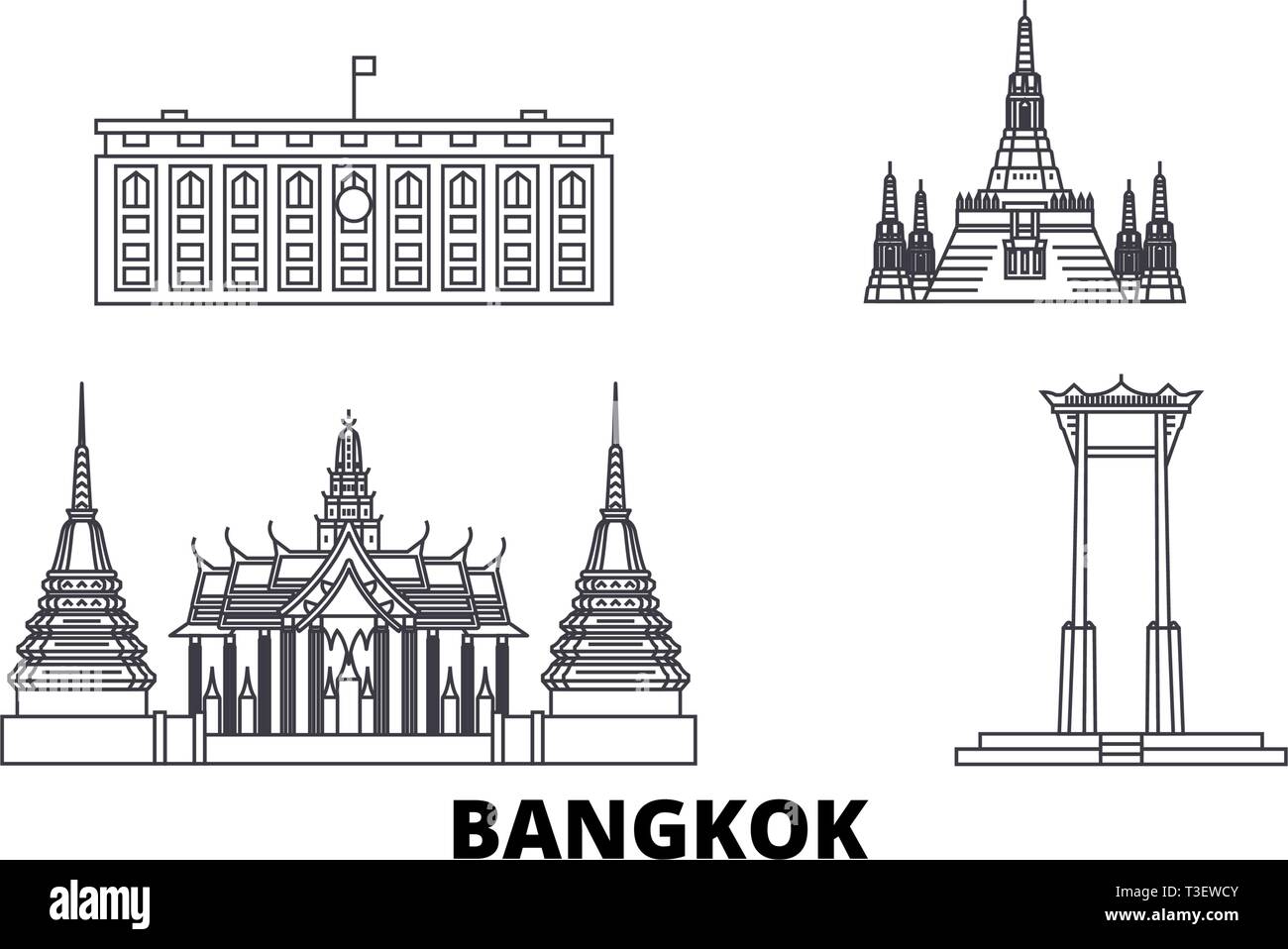 Thailandia, Bangkok linea skyline di viaggio set. Thailandia, Bangkok città outline illustrazione vettoriale, simbolo, siti di viaggi, punti di riferimento. Illustrazione Vettoriale