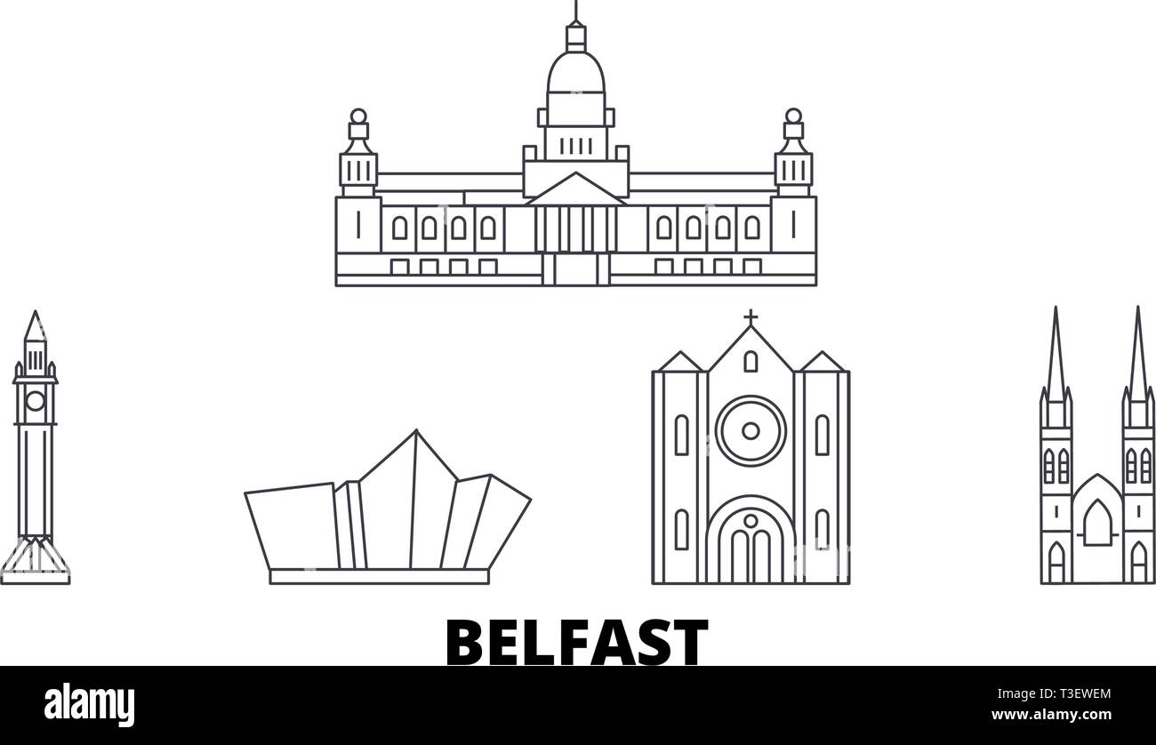 Regno Unito, Belfast linea skyline di viaggio set. Regno Unito, contorno di Belfast City illustrazione vettoriale, simbolo, siti di viaggi, punti di riferimento. Illustrazione Vettoriale