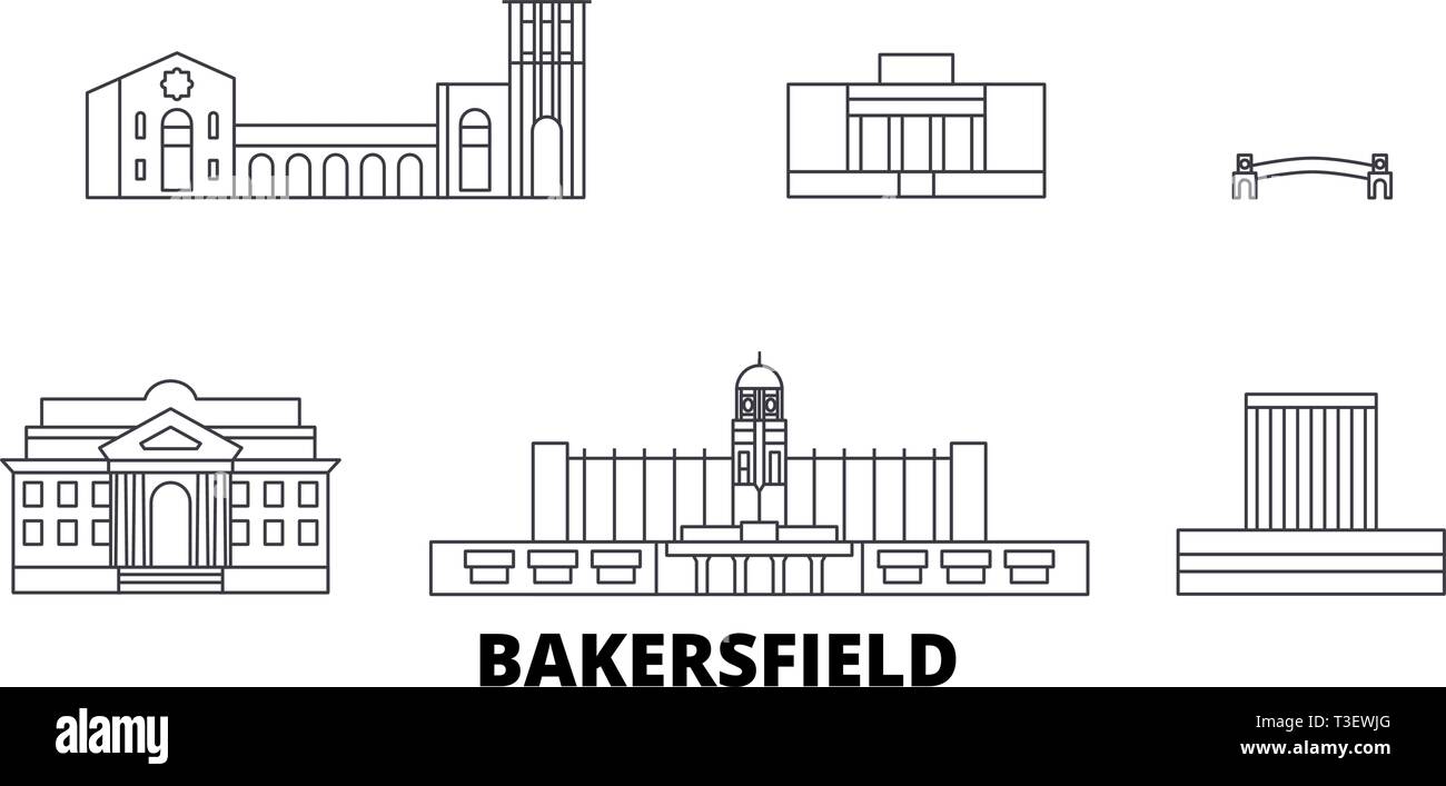 Stati Uniti, Bakersfield linea skyline di viaggio set. Stati Uniti, Bakersfield delineare city illustrazione vettoriale, simbolo, siti di viaggi, punti di riferimento. Illustrazione Vettoriale