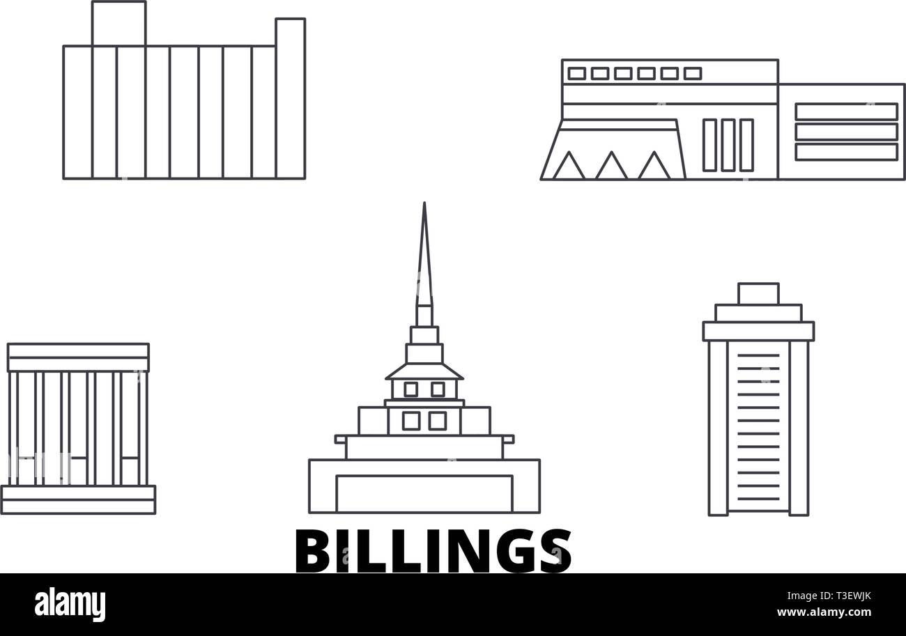 Stati Uniti, Billings linea skyline di viaggio set. Stati Uniti, Billings città outline illustrazione vettoriale, simbolo, siti di viaggi, punti di riferimento. Illustrazione Vettoriale