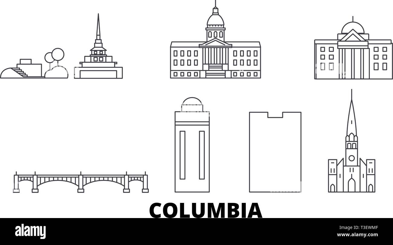 Gli Stati Uniti, Columbia linea skyline di viaggio set. Gli Stati Uniti, Columbia city outline illustrazione vettoriale, simbolo, siti di viaggi, punti di riferimento. Illustrazione Vettoriale