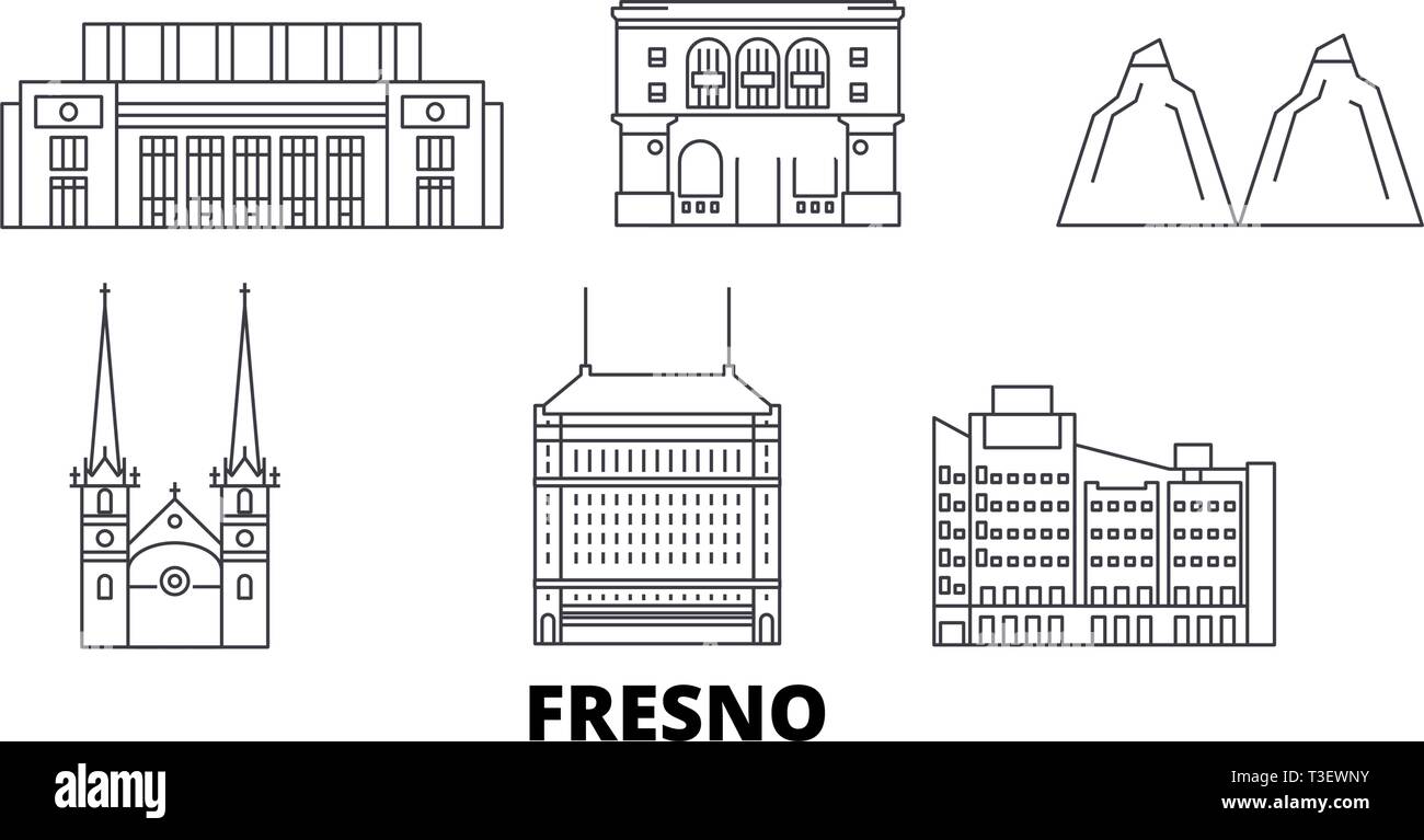 Stati Uniti, Fresno linea skyline di viaggio set. Stati Uniti, Fresno città outline illustrazione vettoriale, simbolo, siti di viaggi, punti di riferimento. Illustrazione Vettoriale