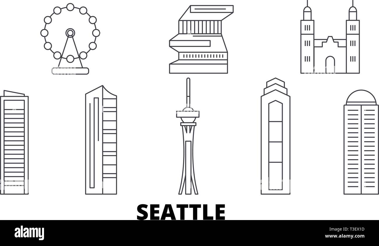 Stati Uniti, Seattle linea skyline di viaggio set. Stati Uniti, Seattle città outline illustrazione vettoriale, simbolo, siti di viaggi, punti di riferimento. Illustrazione Vettoriale