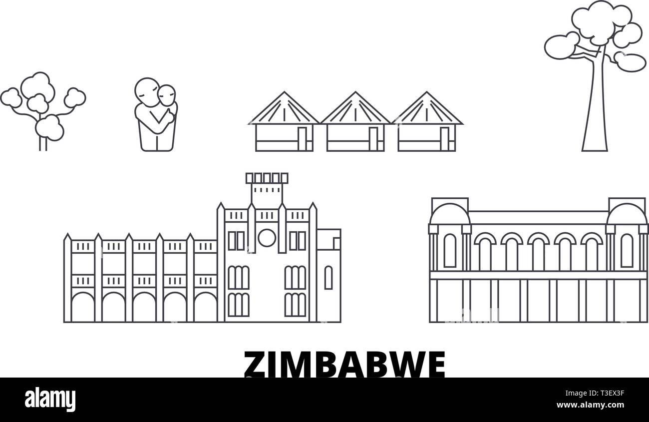 Zimbabwe linea skyline di viaggio set. Zimbabwe città outline illustrazione vettoriale, simbolo, siti di viaggi, punti di riferimento. Illustrazione Vettoriale