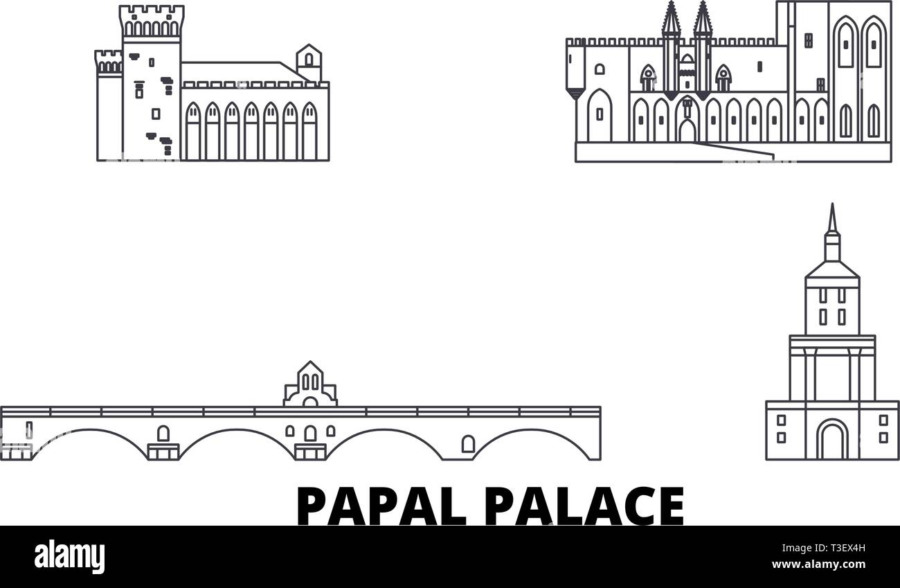 Francia,Palazzo Papale, complesso episcopale Ponte di Avignone linea skyline di viaggio set. Francia,Palazzo Papale, complesso episcopale Ponte di Avignone città di contorno Illustrazione Vettoriale
