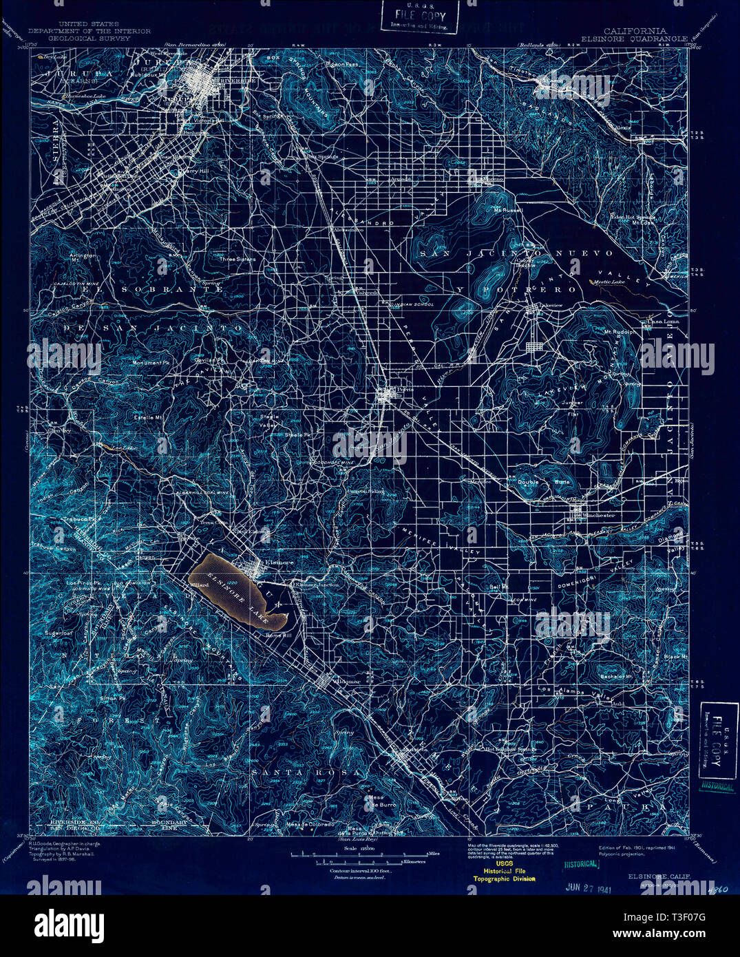 USGS TOPO Map California CA Elsinore 299355 1901 125000 Restauro invertito Foto Stock