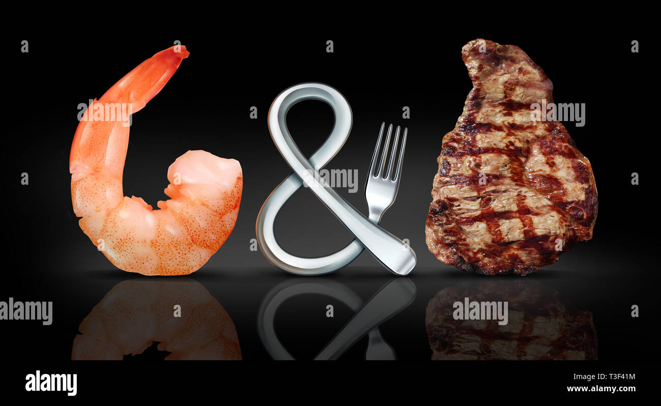 Surf and Turf cibo come pesce e bistecche che il concetto di pasto come una forcella sagomata come un simbolo su un fondo nero con 3D'illustrazione degli elementi. Foto Stock