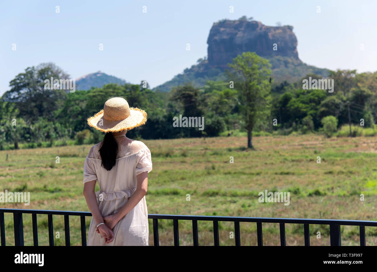 Donna godendo di Sigiriya rock vista in Sri Lanka Foto Stock