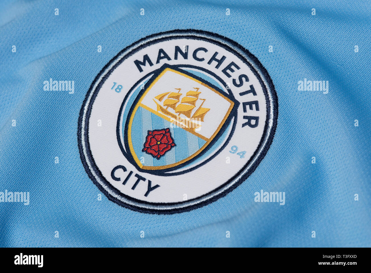 Chiusura del Manchester City home jersey. Foto Stock