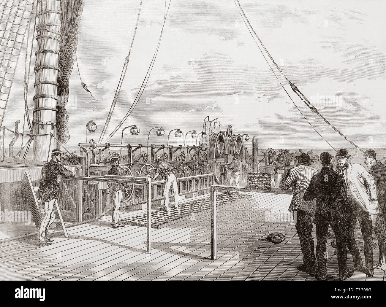 Il versamento fuori i macchinari della Atlantic Telegraph cavo sul bordo della Great Eastern. Dal Illustrated London News, pubblicato 1865. Foto Stock