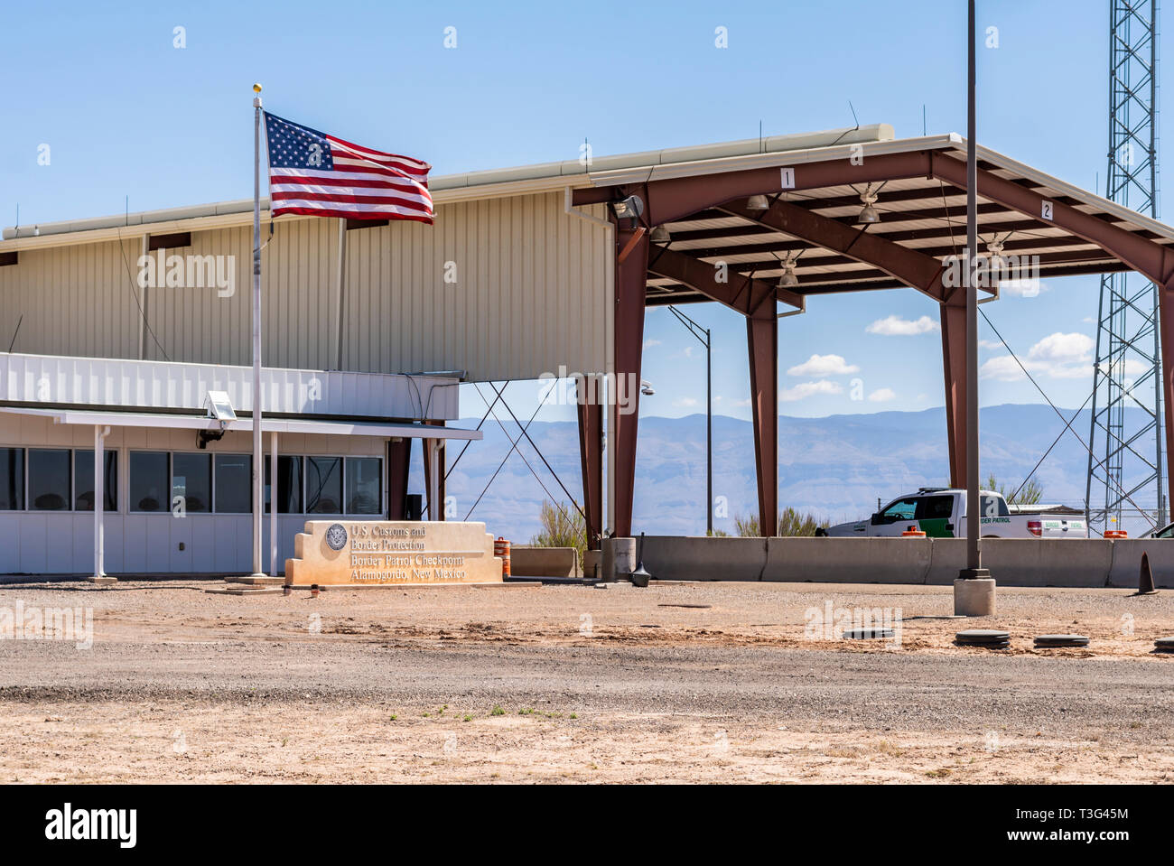 Nuovo Messico Pattuglia di Confine Checkpoint stazione sulla US Highway 70 tra Alamogordo e Las Cruces, chiuso per deviare le risorse per gli Stati Uniti-Messico frontiera. Foto Stock