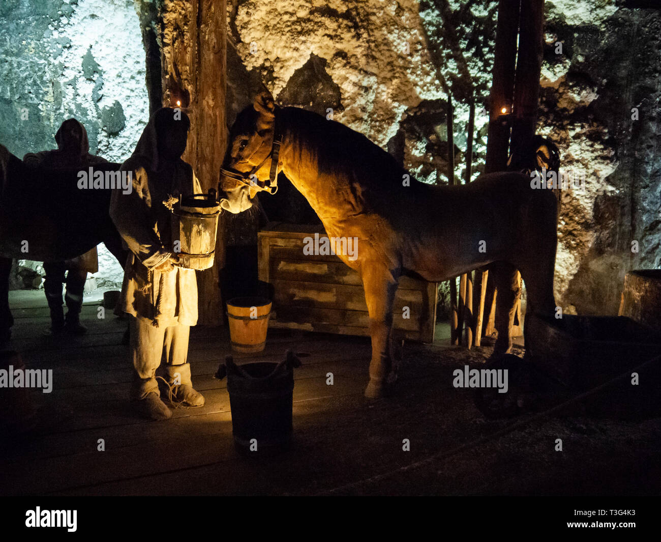 Modello di un cavallo usato per alimentare la estrazione di acqua macchina presso la miniera di sale di Wieliczka, Polonia Foto Stock