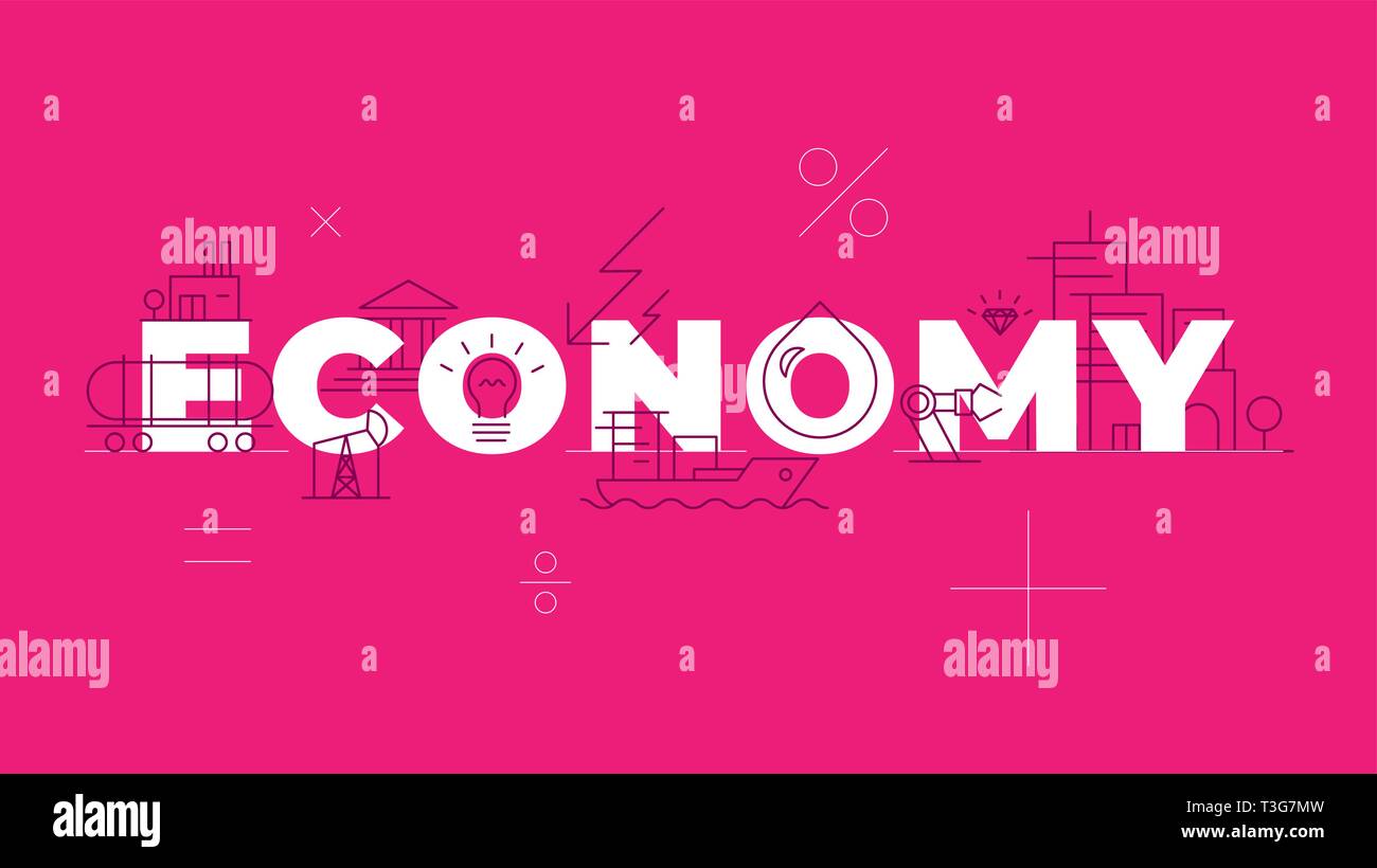 Economia i concetti di parola banner. Banking. Business. I servizi finanziari. Industria finanziaria. Isolato caratteri tipografici idea con icone lineare. Unità organizzativa del vettore Illustrazione Vettoriale