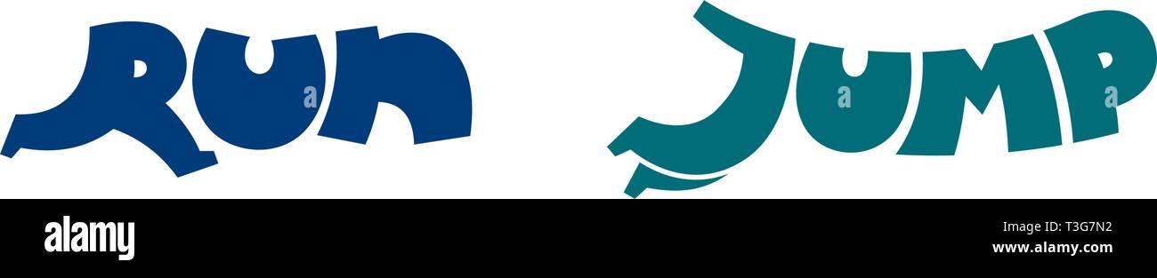 Correre e saltare in stile cartone animato. La lettera R forma con uomo che corre. J jumping corpo silhouette. Segno aziendale per il gioco di società o sport service ricomposto design. Divieto Illustrazione Vettoriale