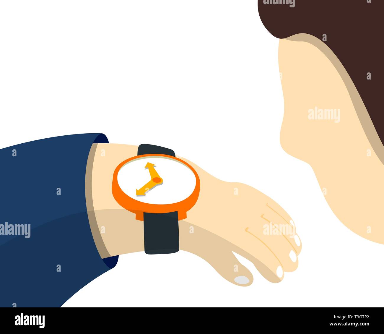 Orologio da polso sul proprietario mano nella tuta. Uomo con orologio controlla la gestione del tempo di pianificazione e controllo per il concetto di successo effiecient e bus redditizie Illustrazione Vettoriale