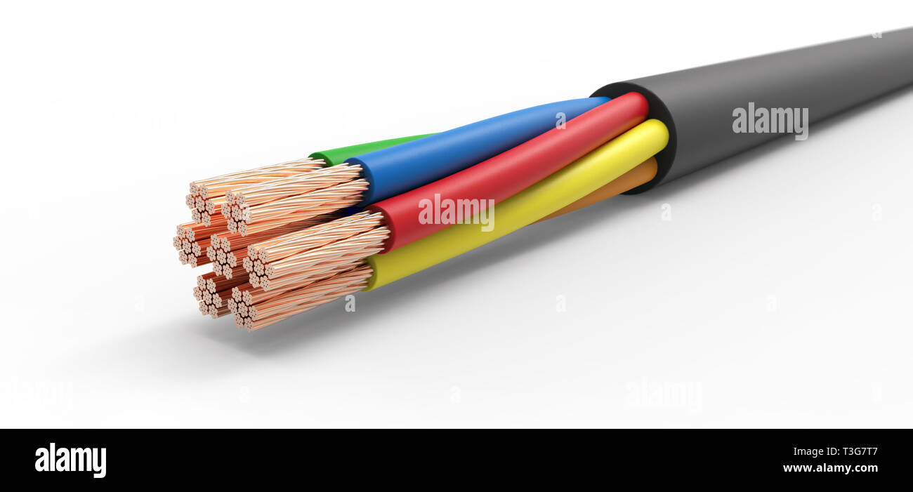 Il filo elettrico con sei cavi su sfondo bianco Foto Stock