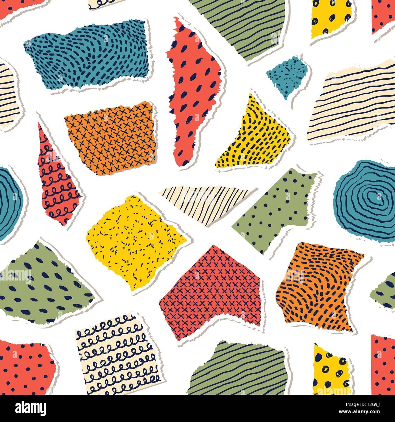 Modello senza cuciture con pieceis di carta su sfondo giallo.Modello di superficie. Illustrazione Vettoriale