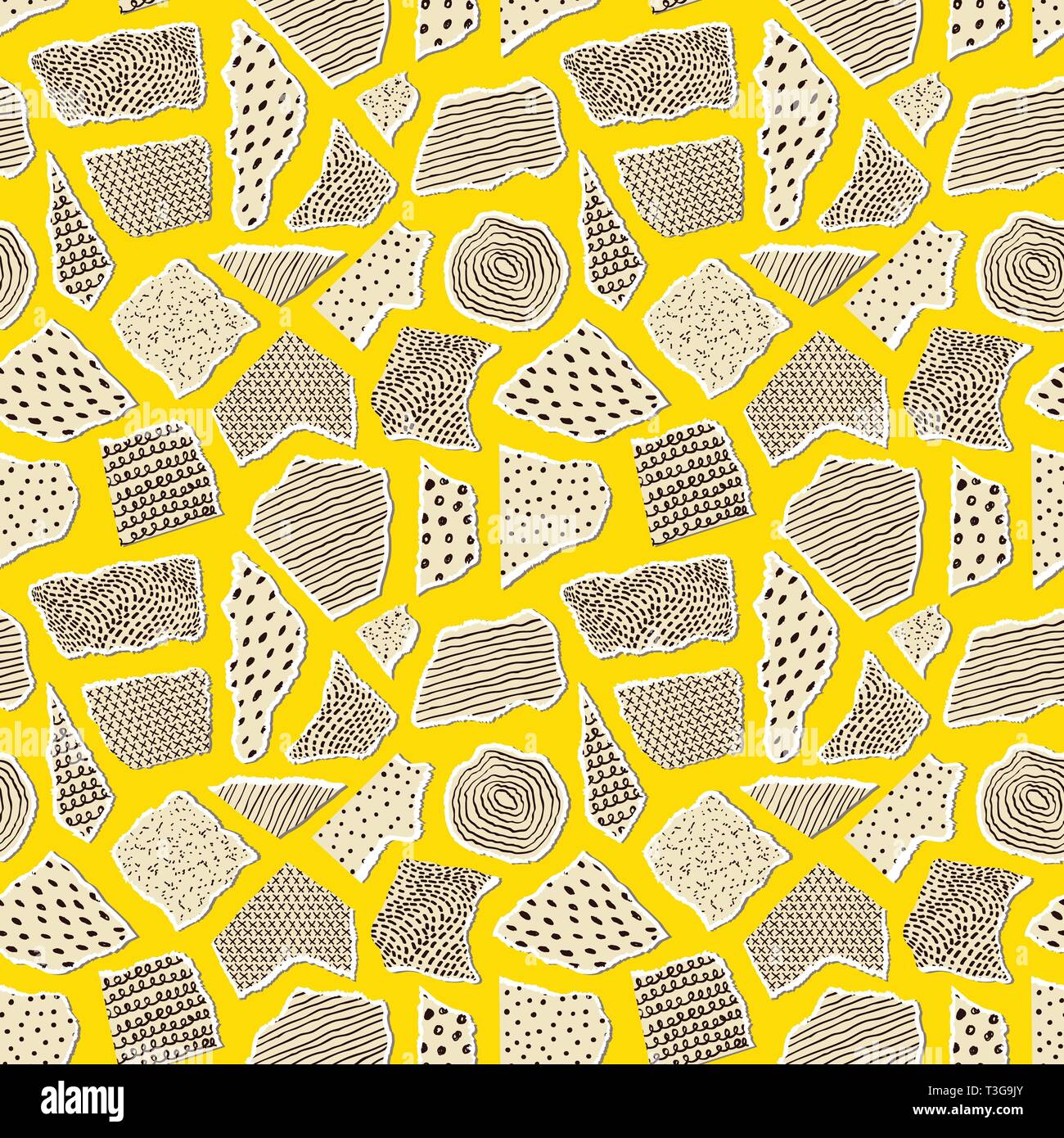 Modello senza cuciture con pieceis di carta su sfondo giallo.Modello di superficie. Illustrazione Vettoriale