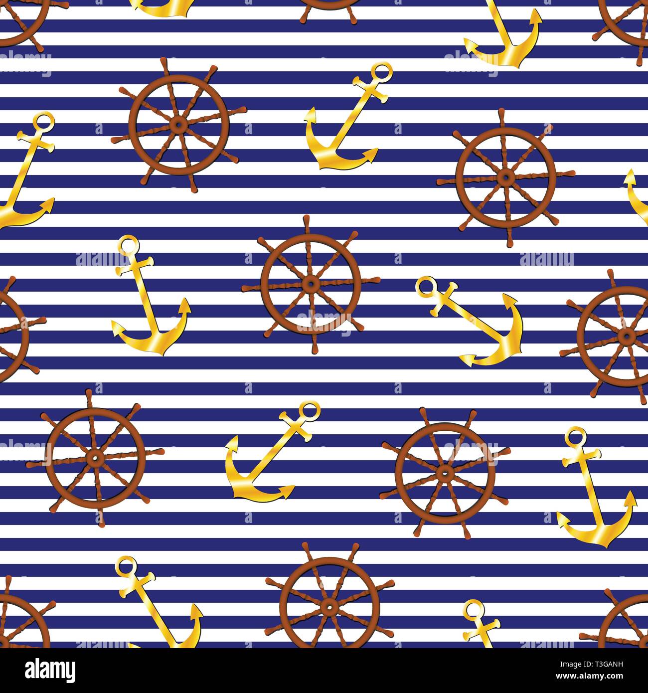 Stile nautico seamless pattern. Golden anchor, nave di legno volante su blu e bianca a strisce dello sfondo. Elegante texture per web design, tessuto, Illustrazione Vettoriale