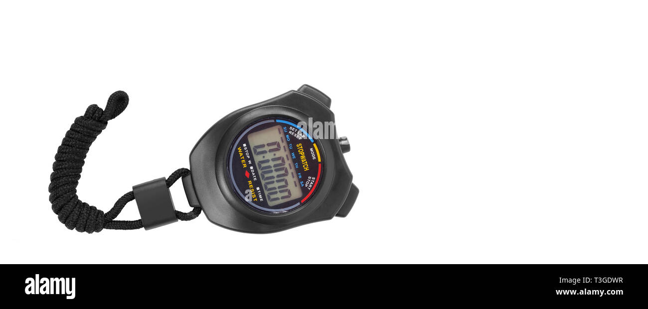 Attrezzature sportive - Nero digitale cronometro elettronico su uno sfondo bianco. Isolato Foto Stock