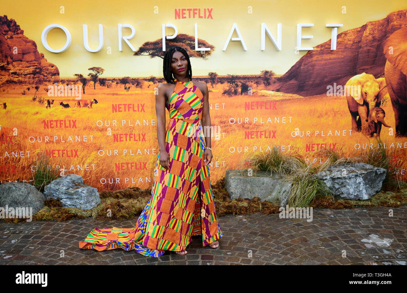 Michaela Coel frequentando il global premiere di Netflix è il nostro pianeta, tenutosi presso il Museo di Storia Naturale di Londra. Foto Stock