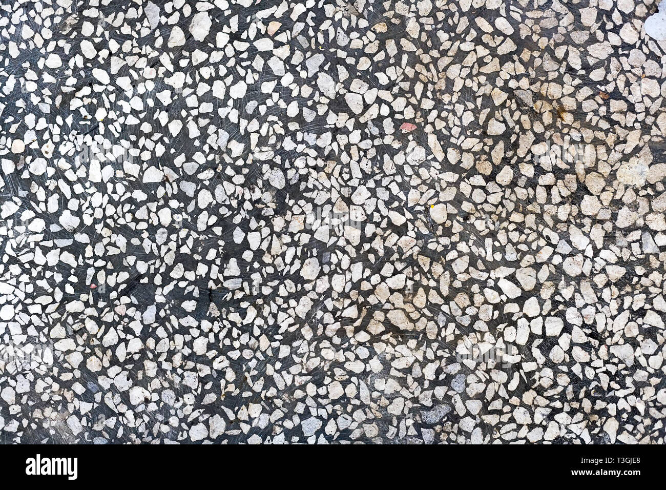 Abstract background. Grigio a pavimento di cemento con pietra bianca di chip. Superficie levigata liscia. Foto Stock