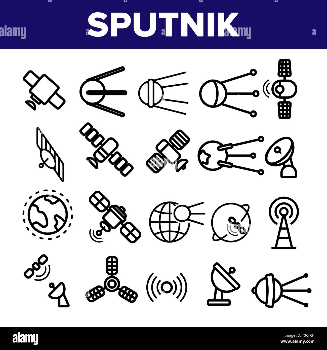 Sputnik orbitale vettore lineare sottile set di icone Illustrazione Vettoriale