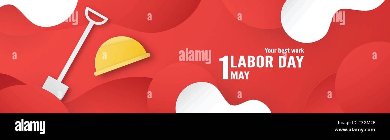 Felice Festa del Lavoro il 1 maggio di anni. Modello di progettazione per banner, poster, coperchio, pubblicità, sito web. Illustrazione Vettoriale in carta tagliata e stile di artigianato Illustrazione Vettoriale